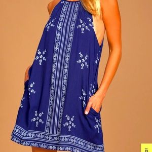 Mediterranean Sea Navy Blue Print Halter Dress